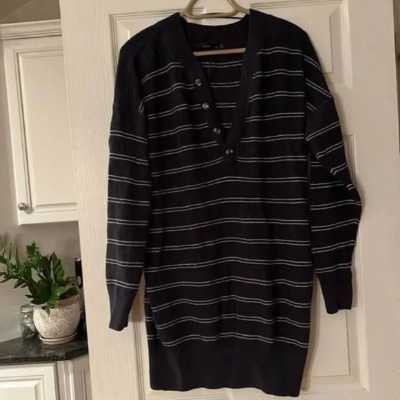 prAna Women's Navy Blue Nautical Stripe Milani Henley Sweater Knit Dress S M - Picture 7 of 8